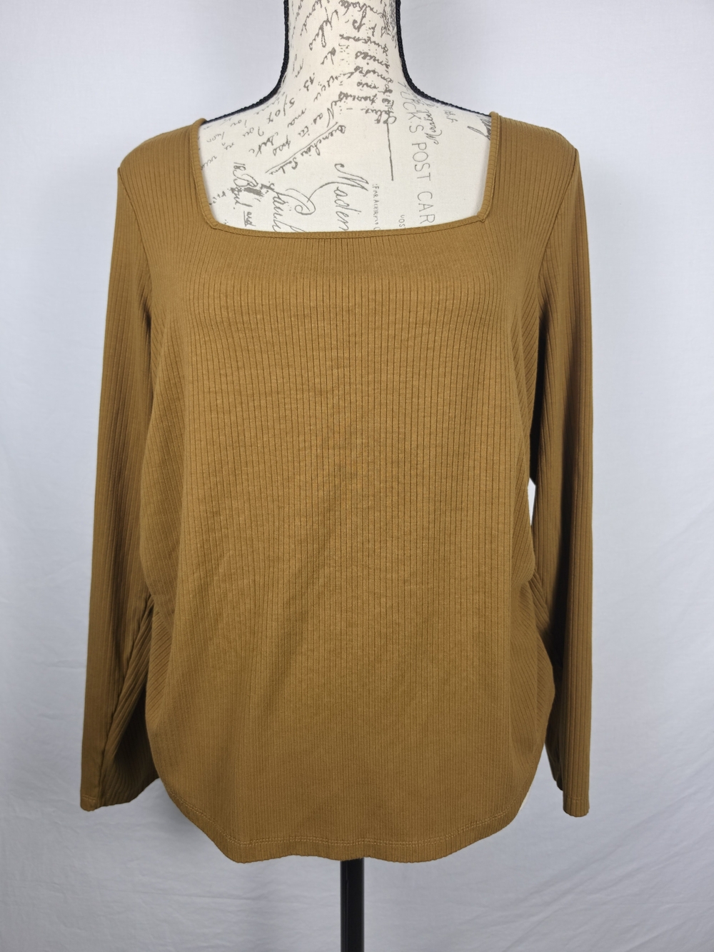 Old Navy Ribbed Square Neck Long Sleeve Top Caramel Brown Ruched Side XL